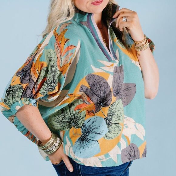 Entro Boutique Teal Blue Tropical Print Collared Lightweight Woven Summer Top - Picture 2 of 11
